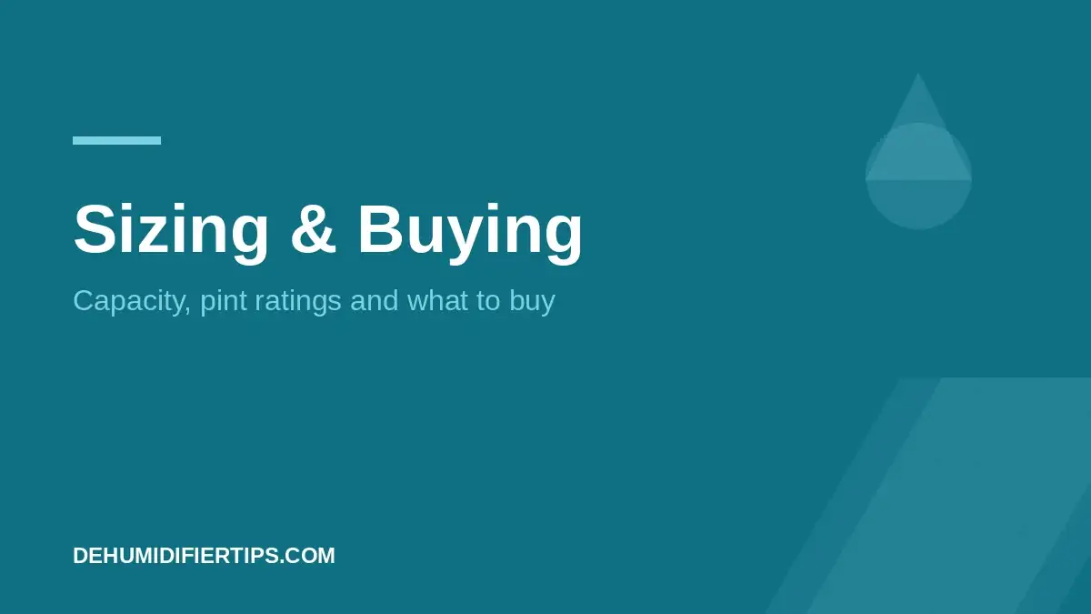 DehumidifierTips.com cover graphic for the Sizing and Buying category: capacity, pint ratings and what to buy